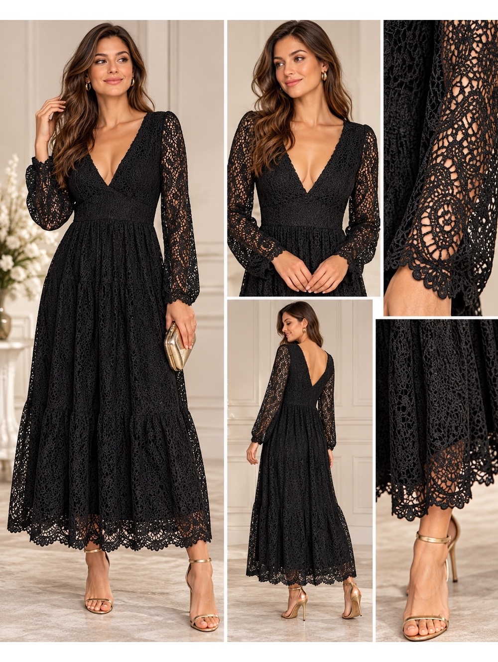 AQUA Black Lace Maxi Dress Size M Long Sleeve Deep V Neck NWT